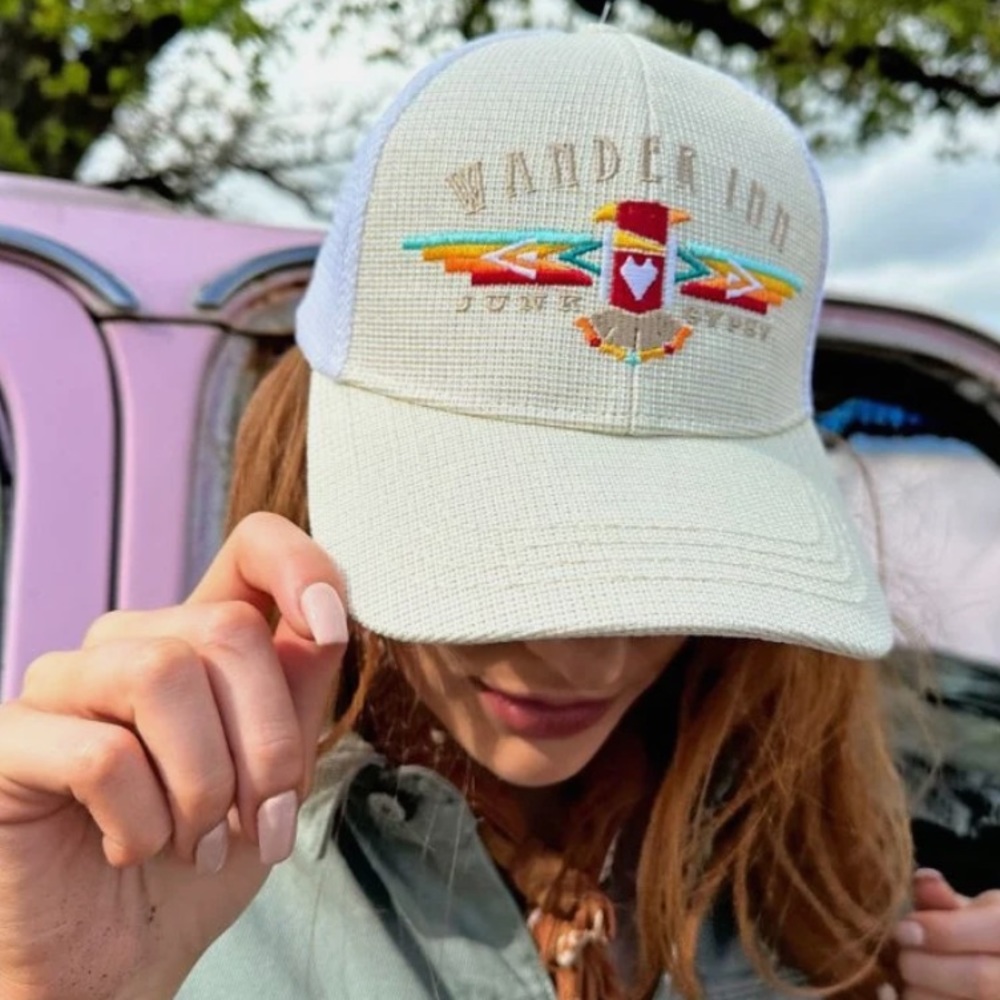 Wander Embroidered Cream Trucker Hat